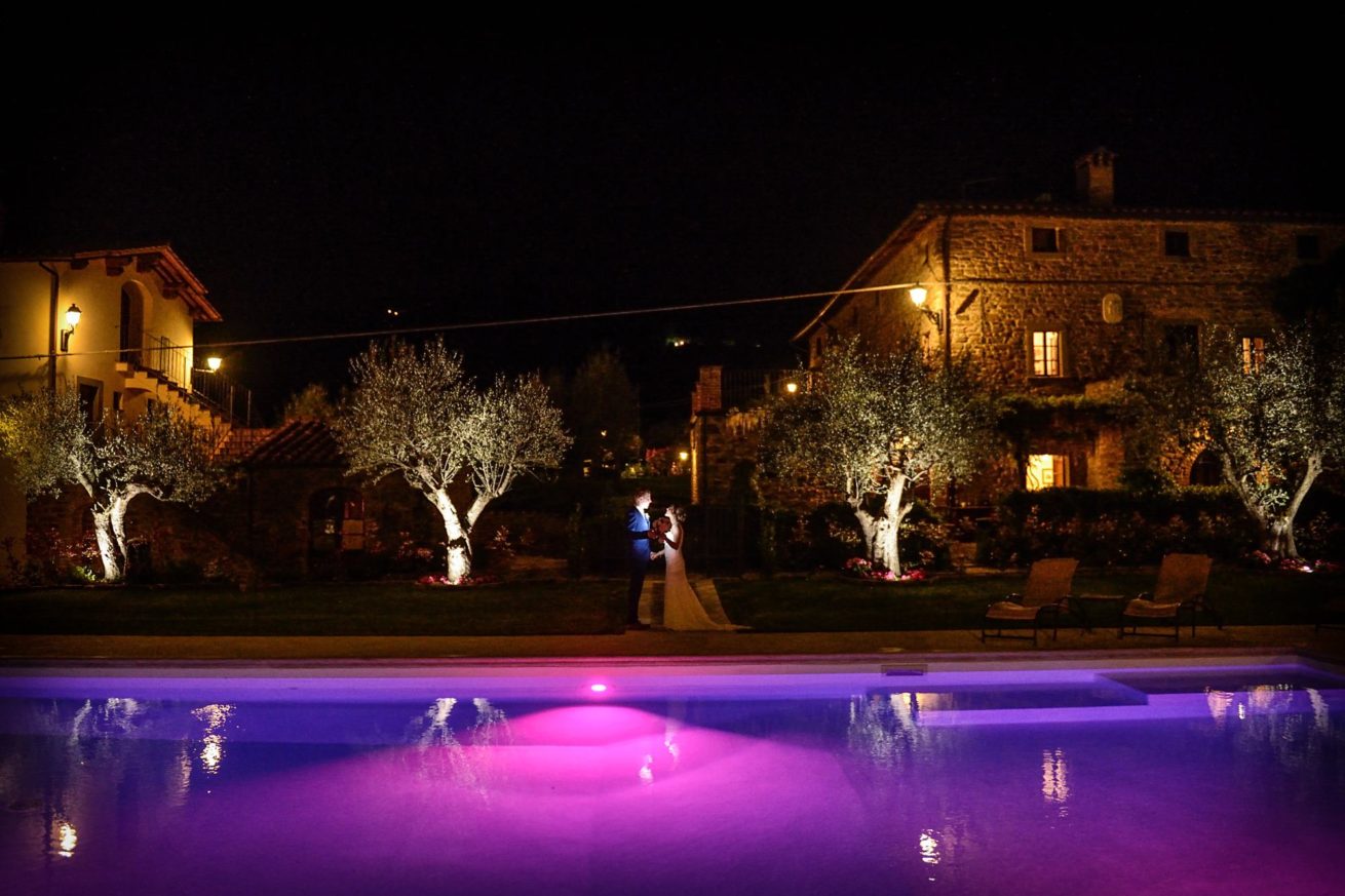 Exclusive weddings villa Italy, Pool at night time with inside the water coloured lighting effect.