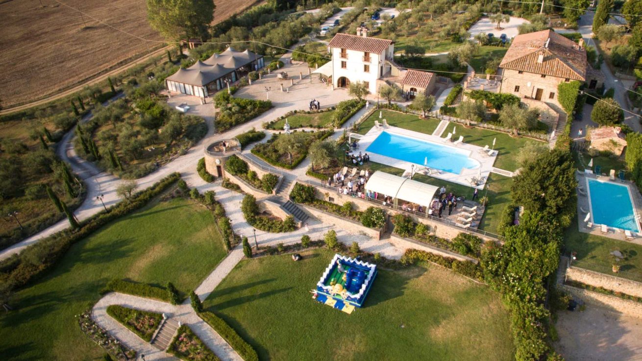 Outdoor Wedding Villa Italy. Villa Baroncino by the drone. Pool Wedding ideas.
